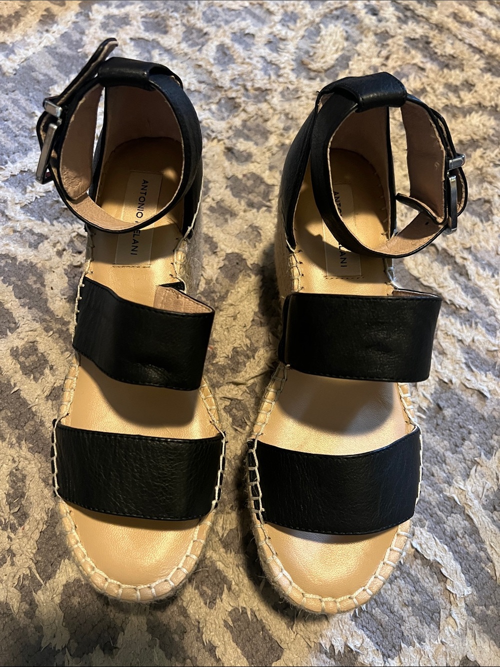 ANTONIO MELANI Black Leather Espadrille Platform Sandals